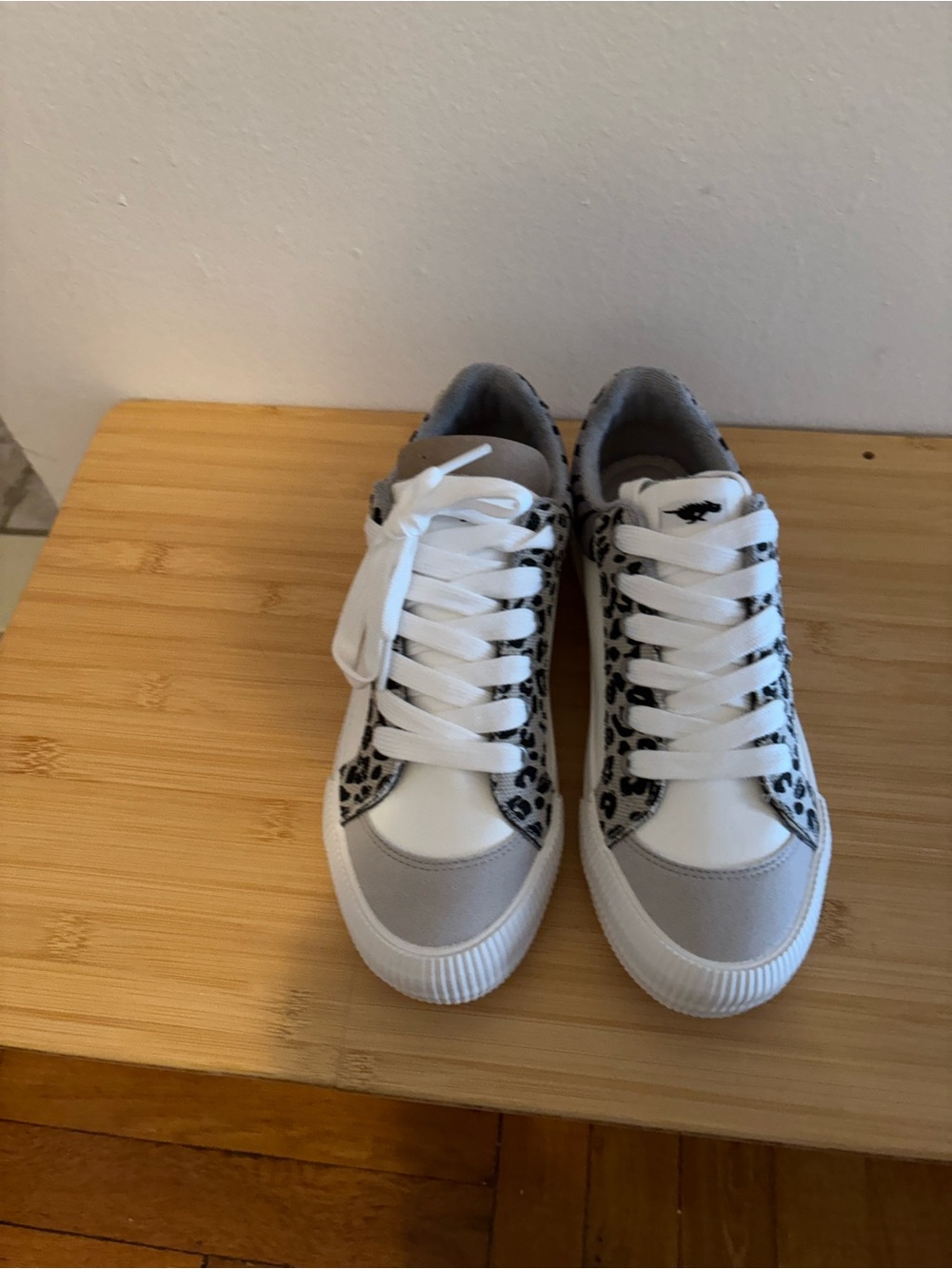 Women's Gray and White Leopard-Trim Lace-Up Sneakers